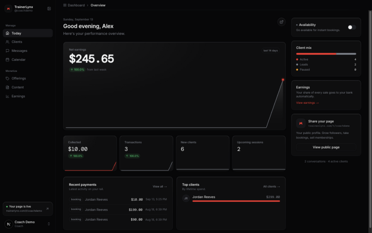 The TrainerLynx coaching dashboard, showing earnings, client mix, and upcoming sessions